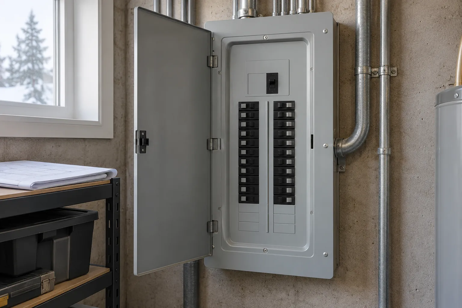 Residential electrical panel with an intact protective deadfront and enclosed breaker handles