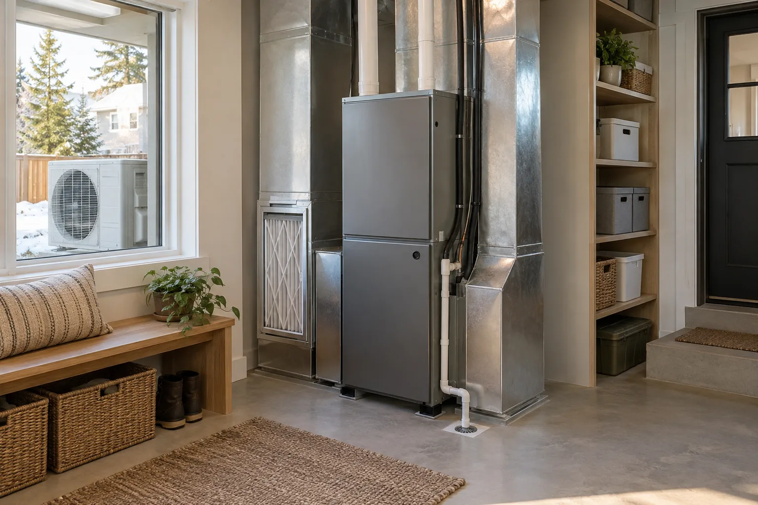Domestic heating equipment with accessible ductwork, a filter location and a visible outdoor heat-pump unit