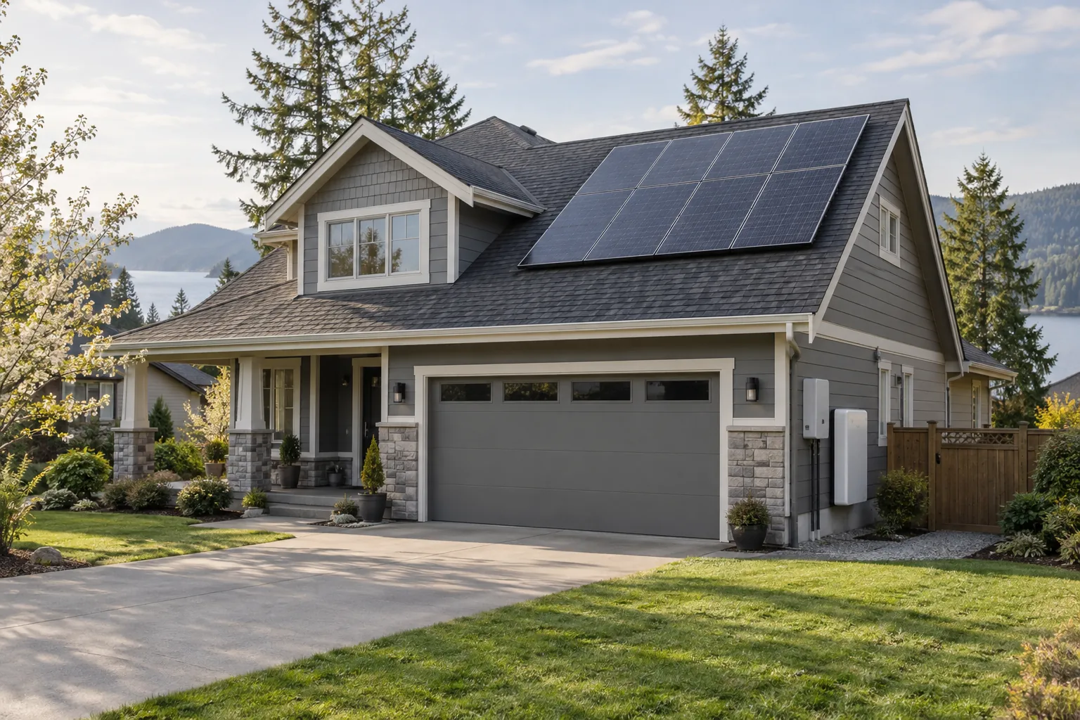 Canadian house with a rooftop solar array and enclosed home battery equipment