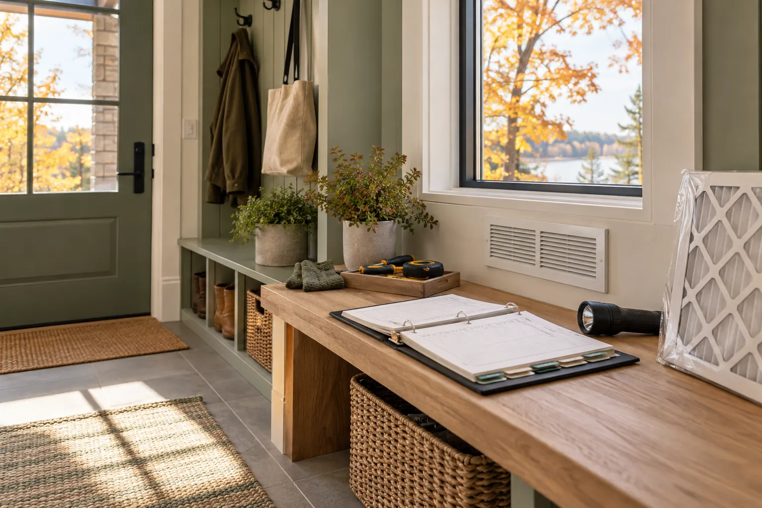 Architectural concept of seasonal house care with thoughtful sage material details